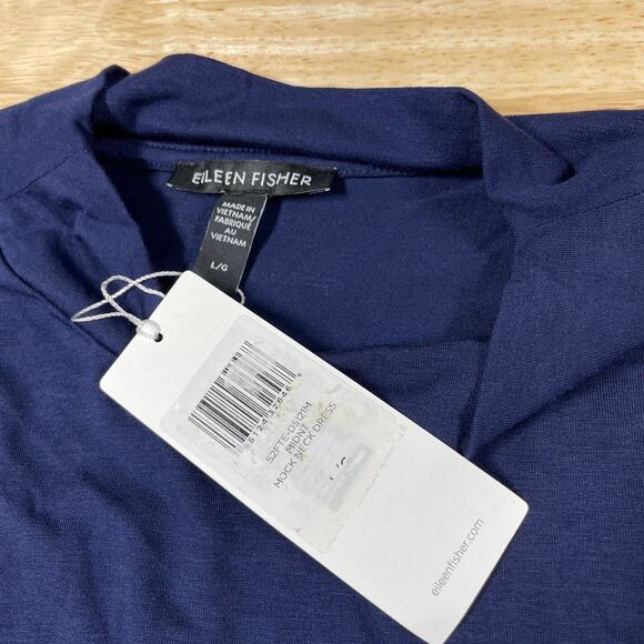 Eileen Fisher NWT Mock Neck Drawstring Tie Waist Dress Navy Size L Sleeveless - Picture 4 of 9